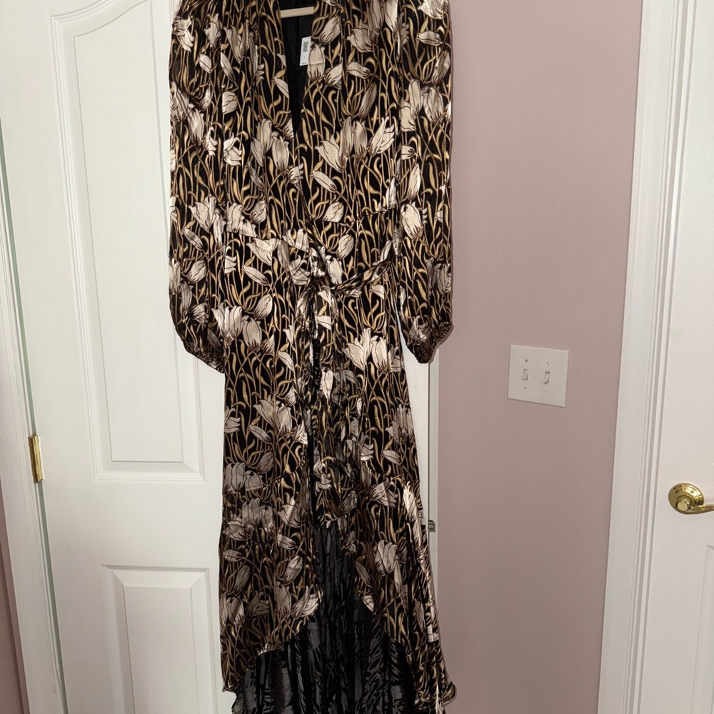 Elegant Black and Cream Floral Wrap Dress